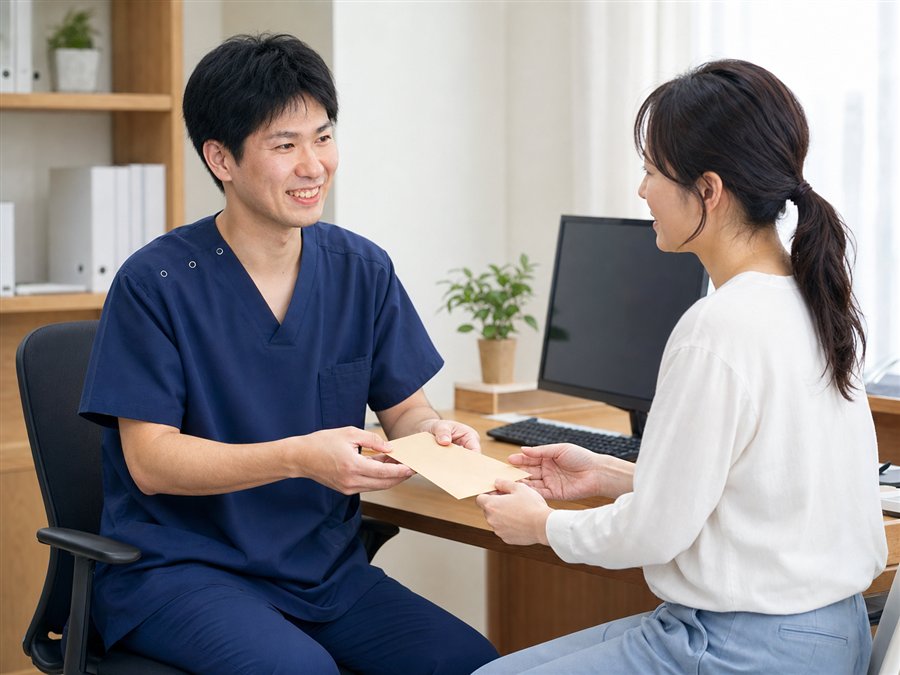 院長が医療機関への紹介状を渡す様子
